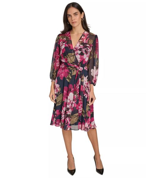 Petite Floral-Print A-Line Wrap Dress Indigo Multi - 1