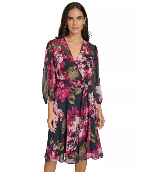 Petite Floral-Print A-Line Wrap Dress Indigo Multi - 4