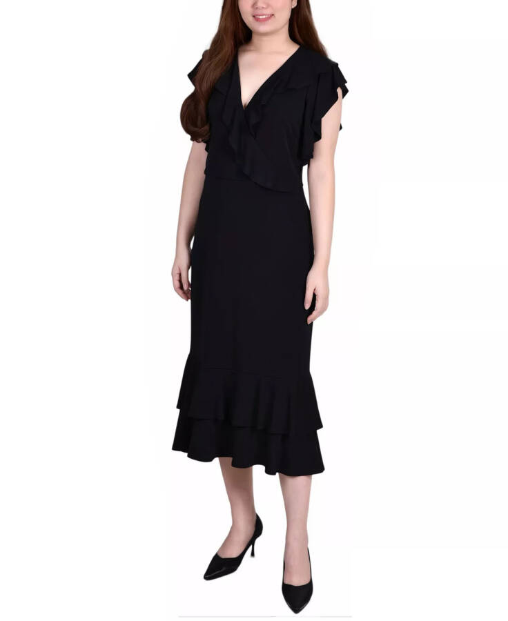 Petite Flutter Sleeve Ruffle Midi Dress Black - 1