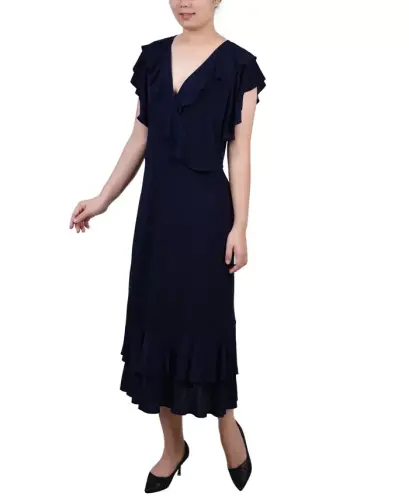 Petite Flutter Sleeve Ruffle Midi Dress - Navy - 1