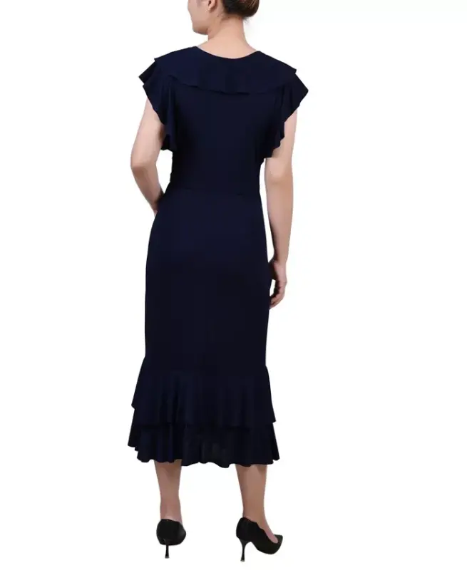 Petite Flutter Sleeve Ruffle Midi Dress - Navy - 2