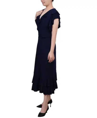 Petite Flutter Sleeve Ruffle Midi Dress - Navy - 3