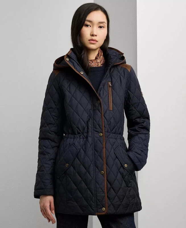 Petite Hooded Quilted Anorak Coat-Dk Navy - LAUREN RALPH LAUREN