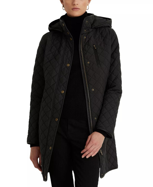 Petite Hooded Quilted Faux-Suede-Trim Coat Black - 1