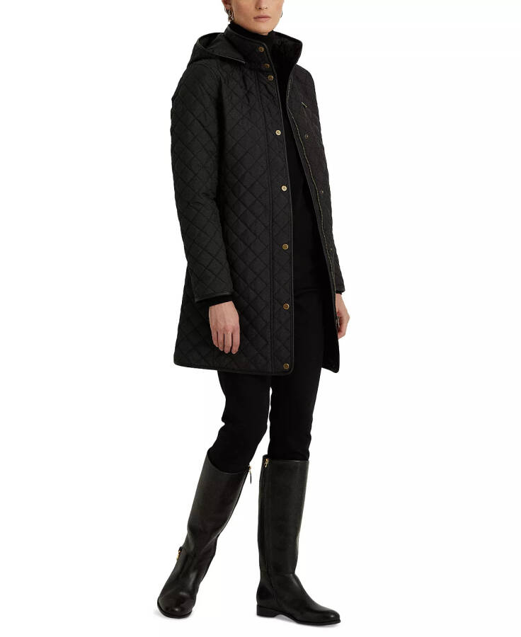 Petite Hooded Quilted Faux-Suede-Trim Coat Black - 3