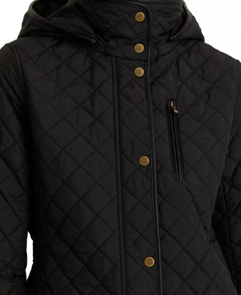 Petite Hooded Quilted Faux-Suede-Trim Coat Black - 4