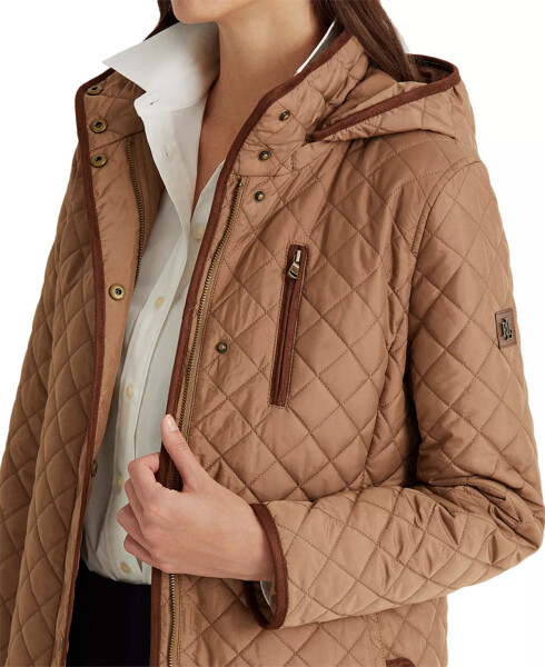 Petite Hooded Quilted Faux-Suede-Trim Coat Classic Camel - 3