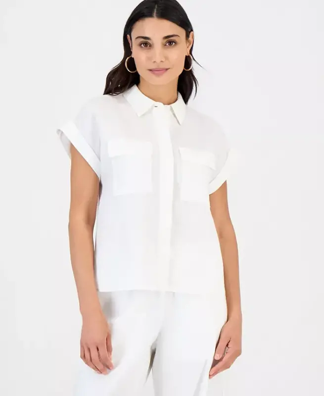 Petite Linen-Blend Short-Sleeve Button-Front Shirt, Exclusively at Modazone - 5