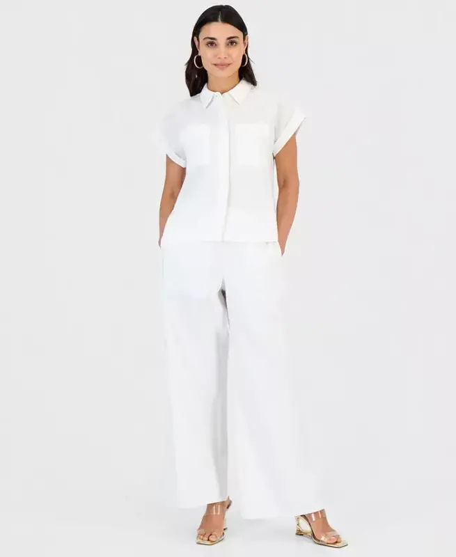 Petite Linen-Blend Short-Sleeve Button-Front Shirt, Exclusively at Modazone - 8