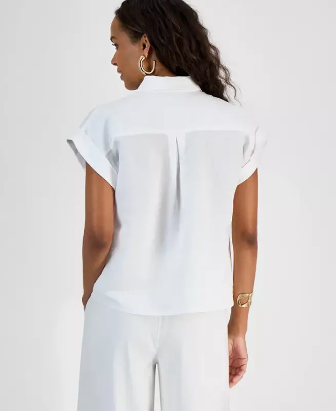 Petite Linen-Blend Short-Sleeve Button-Front Shirt, Exclusively at Modazone - 10