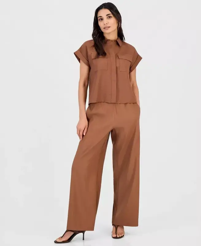 Petite Linen-Blend Short-Sleeve Button-Front Shirt, Exclusively at Modazone - Copper Moon - 3