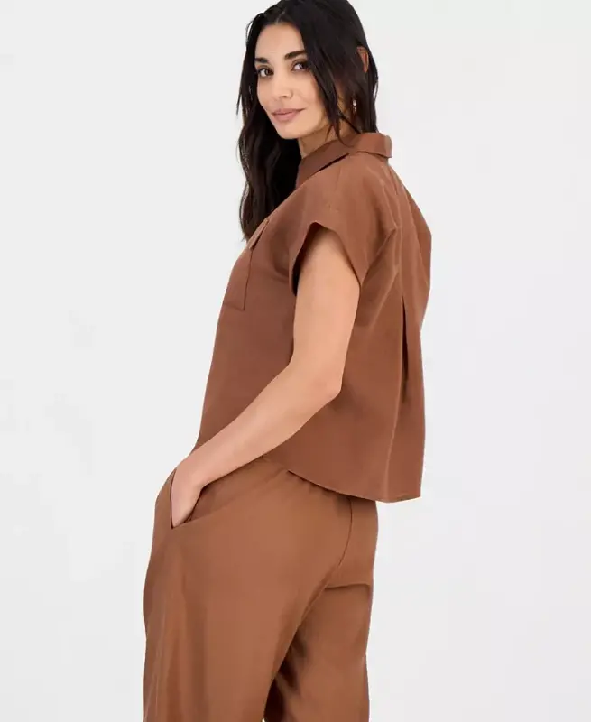 Petite Linen-Blend Short-Sleeve Button-Front Shirt, Exclusively at Modazone - Copper Moon - 4