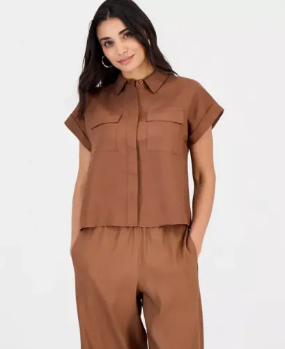 Petite Linen-Blend Short-Sleeve Button-Front Shirt, Exclusively at Modazone - Copper Moon - 1