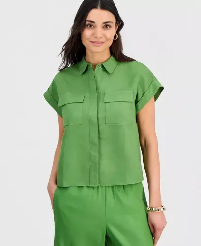 Petite Linen-Blend Short-Sleeve Button-Front Shirt, Exclusively at Modazone - Fresh Basil - 1