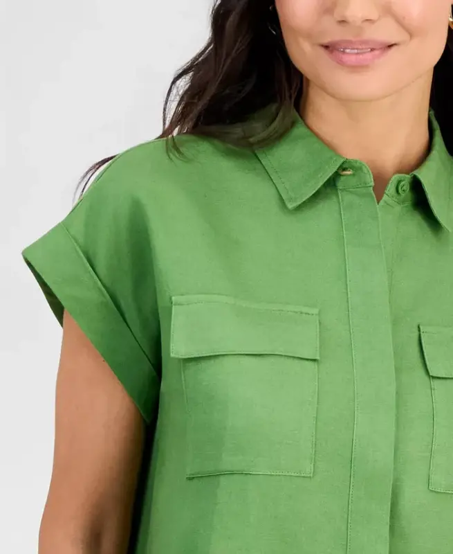 Petite Linen-Blend Short-Sleeve Button-Front Shirt, Exclusively at Modazone - Fresh Basil - 3