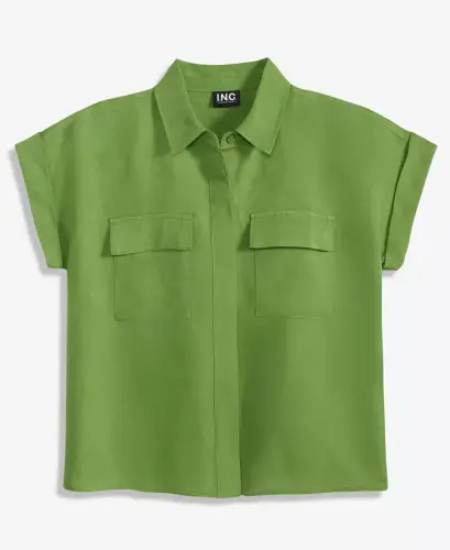 Petite Linen-Blend Short-Sleeve Button-Front Shirt, Exclusively at Modazone - Fresh Basil - 5