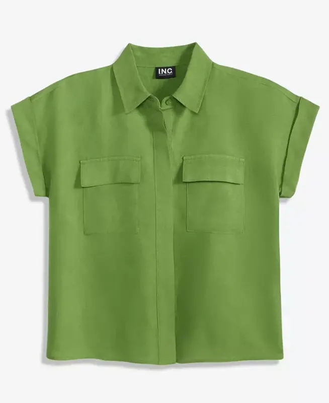 Petite Linen-Blend Short-Sleeve Button-Front Shirt, Exclusively at Modazone - Fresh Basil - 5