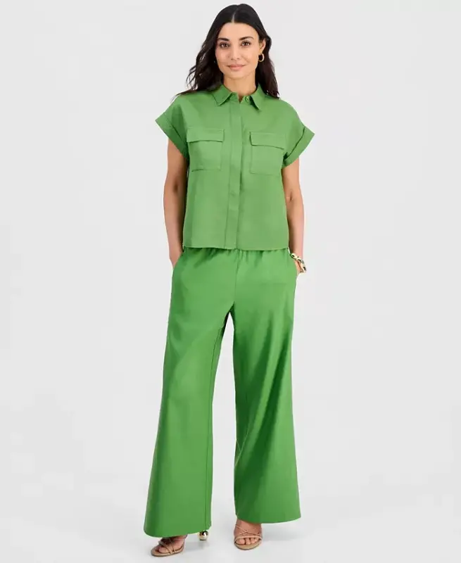 Petite Linen-Blend Short-Sleeve Button-Front Shirt, Exclusively at Modazone - Fresh Basil - 6