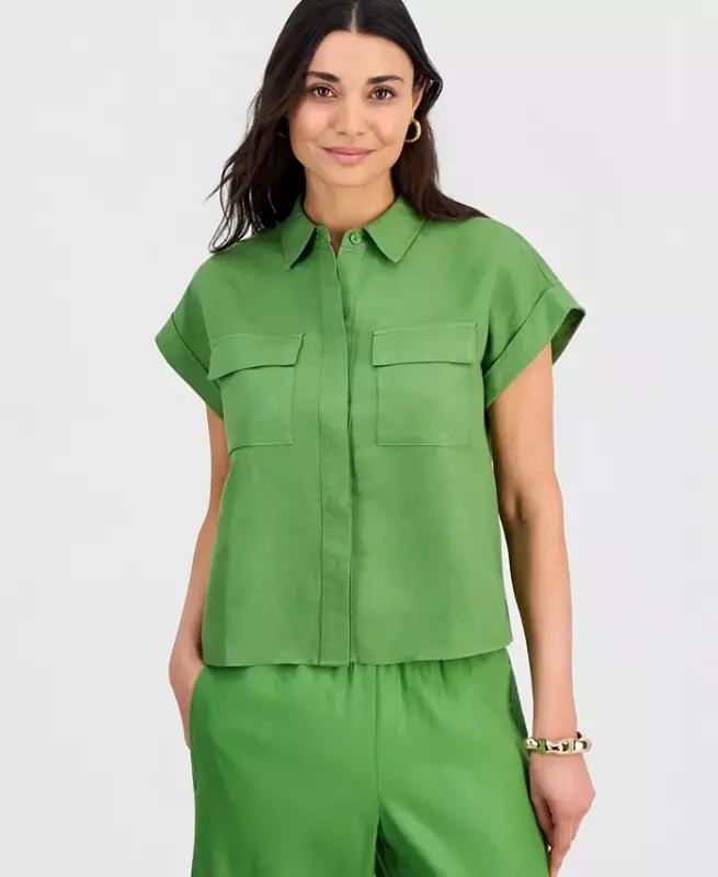 Petite Linen-Blend Short-Sleeve Button-Front Shirt, Exclusively at Modazone - Fresh Basil - I.N.C. INTERNATIONAL CONCEPTS