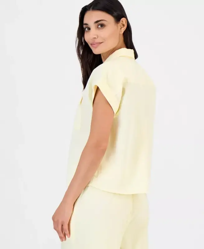 Petite Linen-Blend Short-Sleeve Button-Front Shirt, Exclusively at Modazone - Yellow Mist - 3