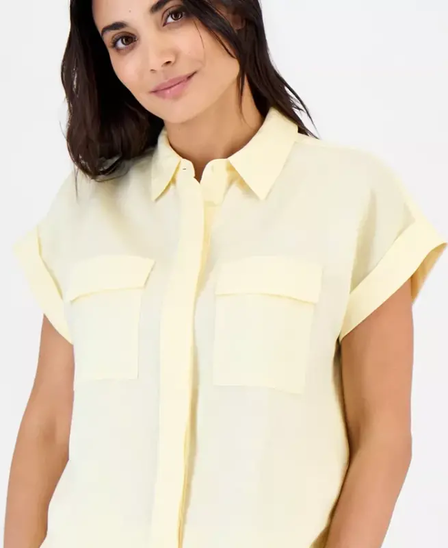 Petite Linen-Blend Short-Sleeve Button-Front Shirt, Exclusively at Modazone - Yellow Mist - 2