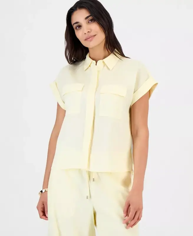 Petite Linen-Blend Short-Sleeve Button-Front Shirt, Exclusively at Modazone - Yellow Mist - I.N.C. INTERNATIONAL CONCEPTS