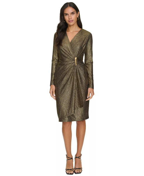 Petite Metallic Faux-Wrap Sheath Dress Black Gold - 1