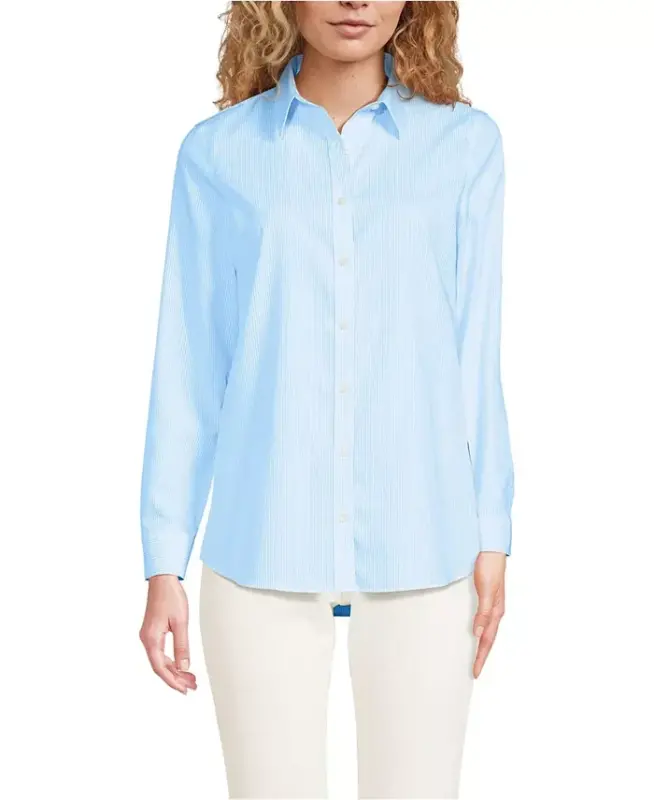 Petite No Iron Button Front Shirt - Bermuda blue mini stripe - LANDS' END