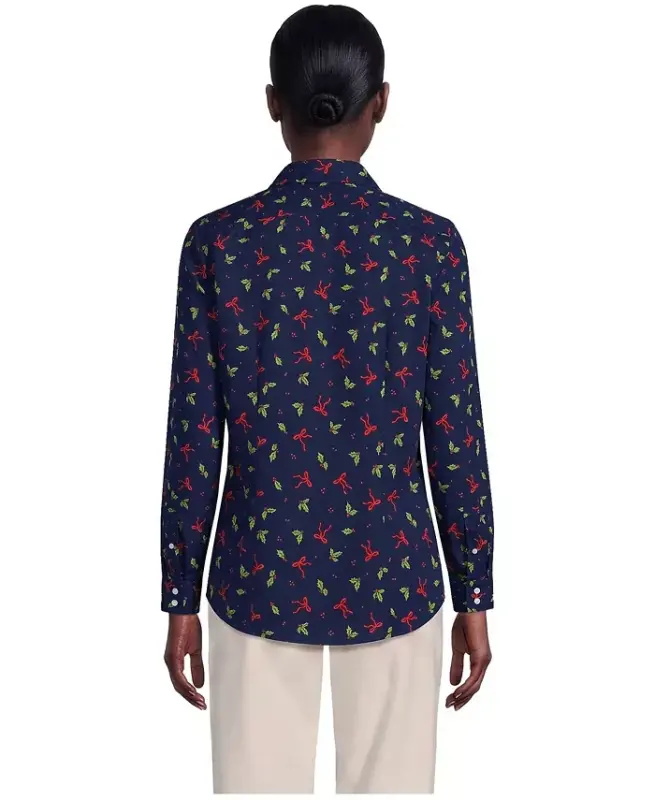 Petite No Iron Button Front Shirt - Bows and holly/deep sea navy - 3