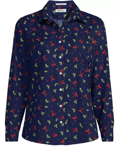Petite No Iron Button Front Shirt - Bows and holly/deep sea navy - 4