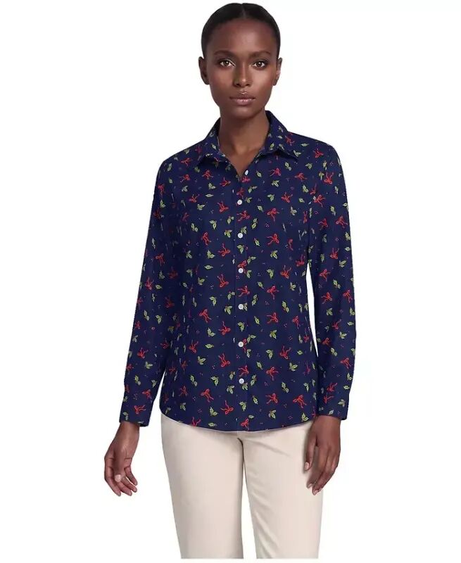 Petite No Iron Button Front Shirt - Bows and holly/deep sea navy - Lands' End