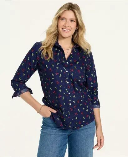 Petite No Iron Button Front Shirt - Bows and holly/deep sea navy - Lands' End (1)