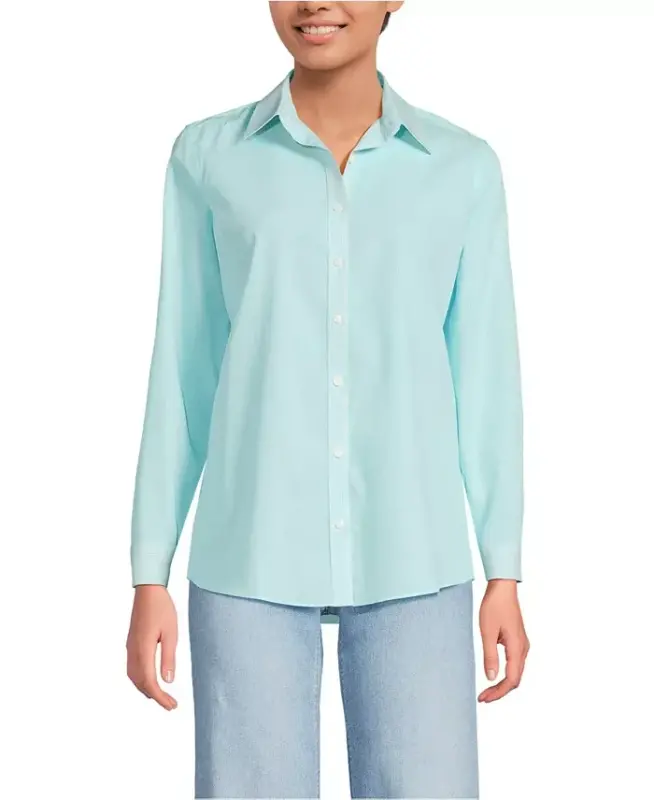 Petite No Iron Button Front Shirt - Bright aqua breeze mini stripe - LANDS' END