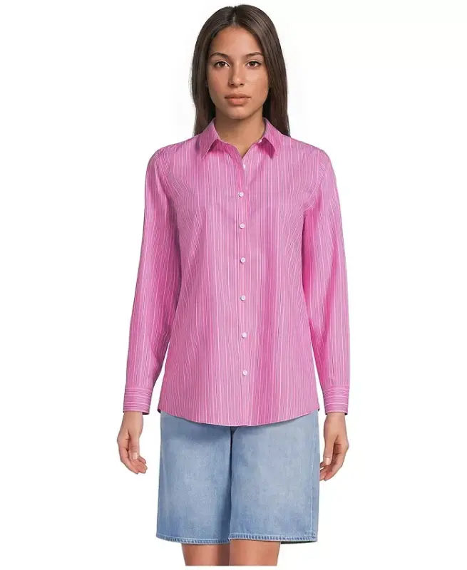 Petite No Iron Button Front Shirt - Bright pink stripe - LANDS' END