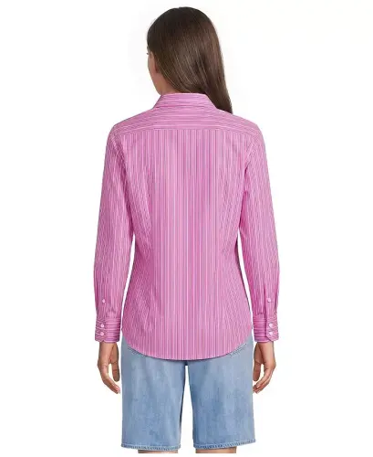 Petite No Iron Button Front Shirt - Bright pink stripe - LANDS' END (1)
