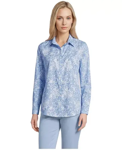 Petite No Iron Button Front Shirt - Clear blue sky floral meadow - 1