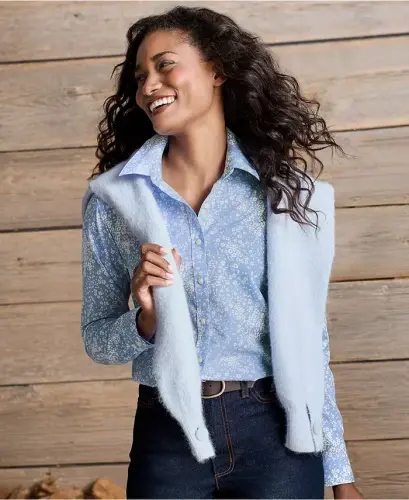 Petite No Iron Button Front Shirt - Clear blue sky floral meadow - Lands' End (1)