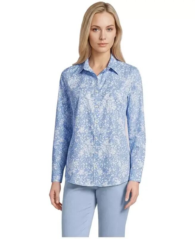 Petite No Iron Button Front Shirt - Clear blue sky floral meadow - Lands' End