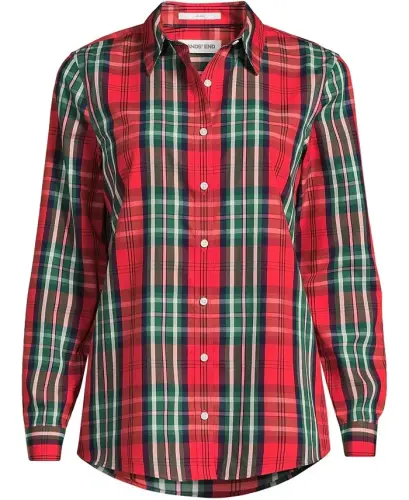 Petite No Iron Button Front Shirt - Compass red/emerald plaid - 6