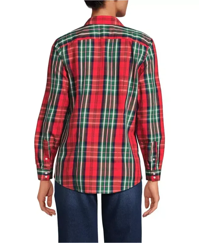 Petite No Iron Button Front Shirt - Compass red/emerald plaid - 2