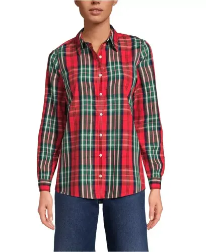 Petite No Iron Button Front Shirt - Compass red/emerald plaid 