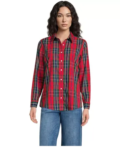 Petite No Iron Button Front Shirt - Compass red/pine plaid - 1
