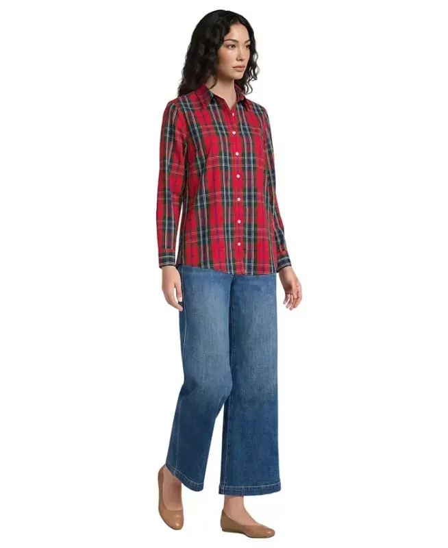 Petite No Iron Button Front Shirt - Compass red/pine plaid - 2