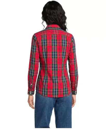 Petite No Iron Button Front Shirt - Compass red/pine plaid - 3