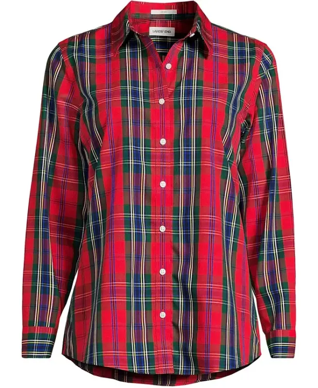 Petite No Iron Button Front Shirt - Compass red/pine plaid - 4