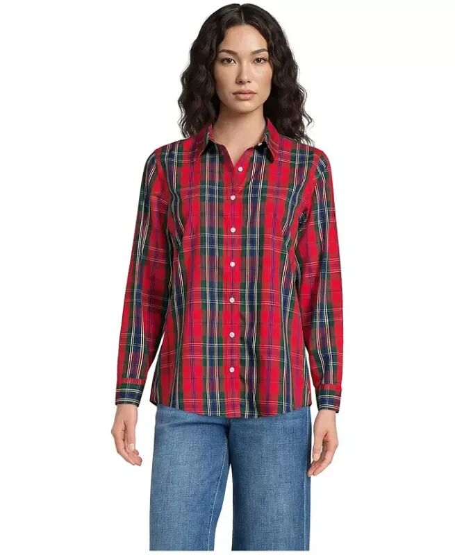 Petite No Iron Button Front Shirt - Compass red/pine plaid - Lands' End