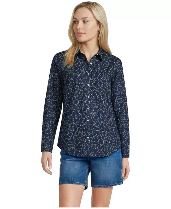 Petite No Iron Button Front Shirt - Deep sea multi floral vine - 1