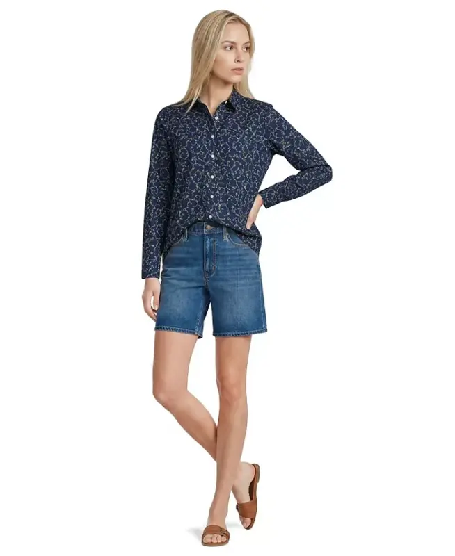 Petite No Iron Button Front Shirt - Deep sea multi floral vine - 2