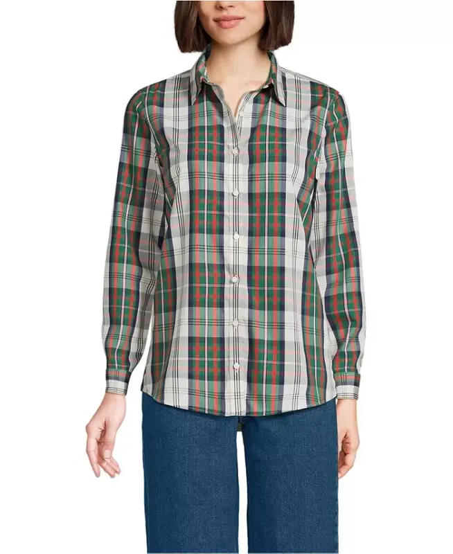 Petite No Iron Button Front Shirt - Ivor/red multi color plaid - LANDS' END