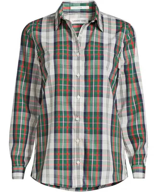 Petite No Iron Button Front Shirt - Ivor/red multi color plaid - 6